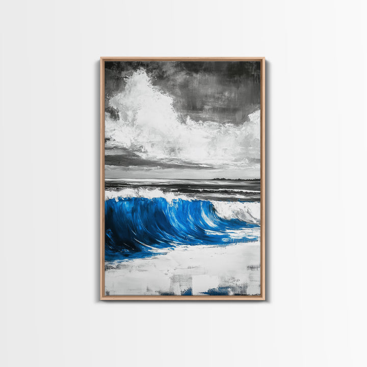 Blue Ocean Wave, Surfing Wall Art, Coastal Beach Print, Nautical Home Decor, Framed Canvas Print, Large Wall Art, Minimalist Seascape