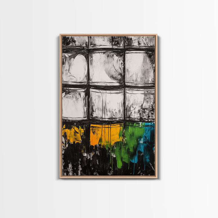 Abstract Windows, Modern Wall Art, Black and White Geometric Print, Industrial Home Decor, Framed Canvas Print, Contemporary Office Art