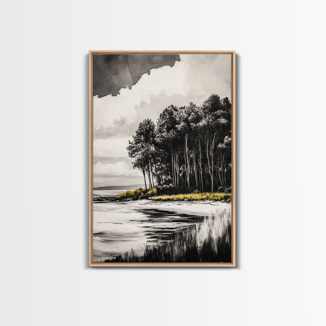 Coastal Trees, Black and White Art, Canvas Print, Modern Landscape, Nature Wall Art, Minimalist Home Decor, Serene Artwork, Ocean Scene
