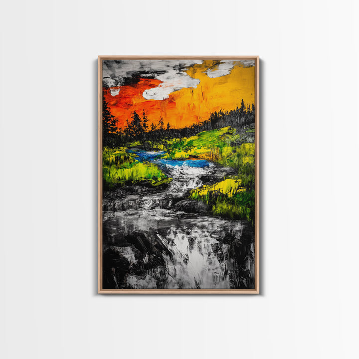 Autumn River, Nature Wall Art, Modern Landscape, Framed Canvas Print, Rustic Home Decor, Office Artwork, Vibrant Sunset Painting