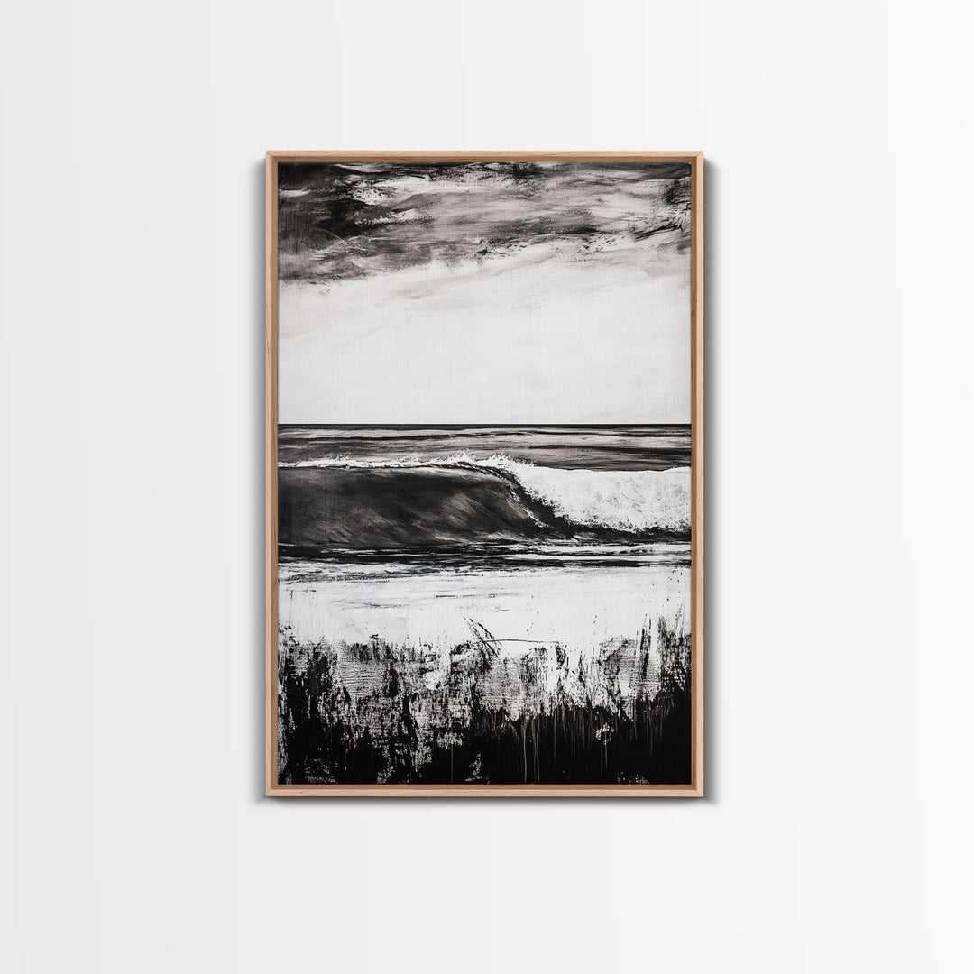 Black White Waves, Ocean Wall Art, Minimalist Coastal, Framed Canvas Print, Beach House Decor, Monochrome Seascape, Surfer Gift