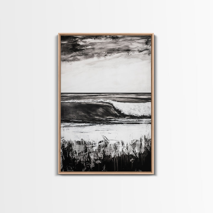 Black White Waves, Ocean Wall Art, Minimalist Coastal, Framed Canvas Print, Beach House Decor, Monochrome Seascape, Surfer Gift