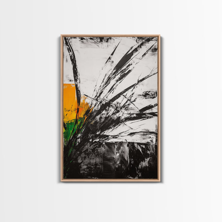 Abstract Grass, Modern Wall Art, Minimalist Home Decor, Framed Canvas Print, Black White Gold, Contemporary Artwork, Bold Design