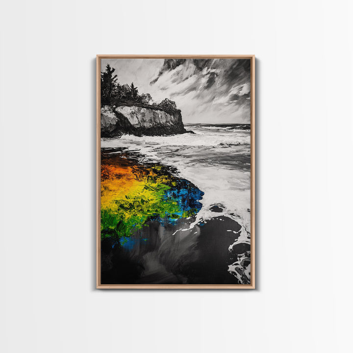 Cliffside Waves, Coastal Wall Art, Ocean Landscape, Framed Canvas Print, Beach House Decor, Monochrome Seascape, Nautical Gift