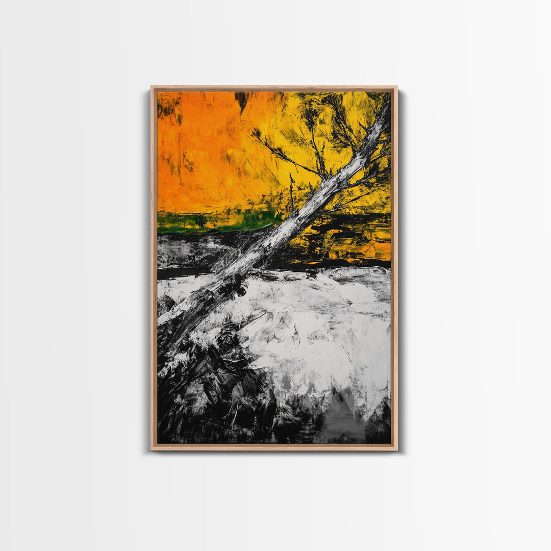 Abstract Tree, Fall Wall Art, Modern Nature Painting, Framed Canvas Print, Rustic Home Decor, Bold Orange Yellow, Unique Artwork