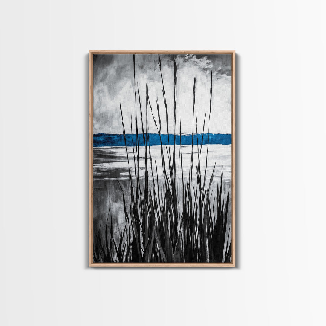Tall Grass, Serene Lake View, Minimalist Coastal Art, Black White Landscape, Contemporary Home Decor, Canvas Print