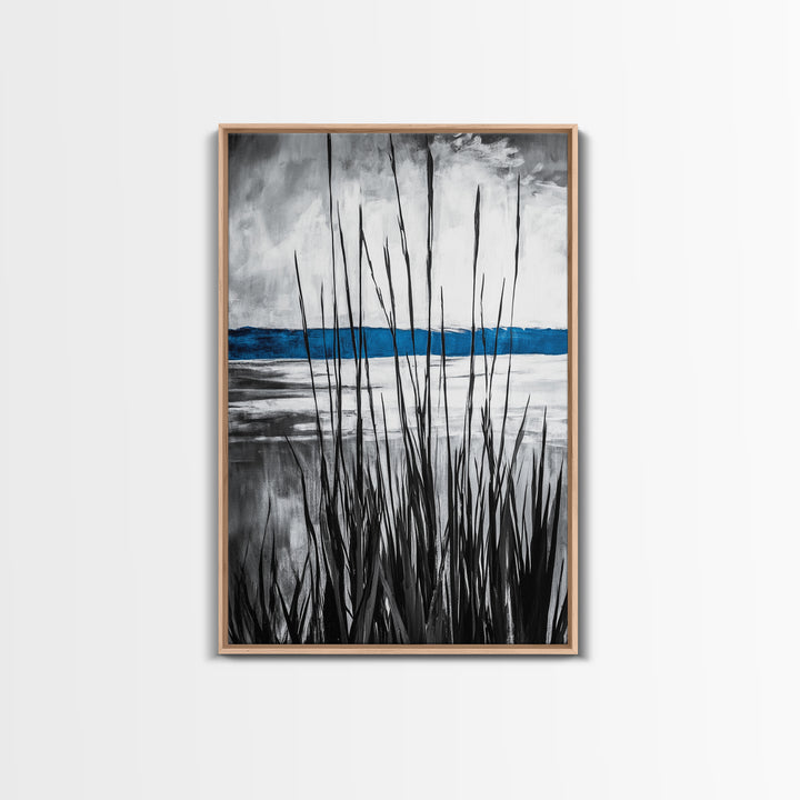 Tall Grass, Serene Lake View, Minimalist Coastal Art, Black White Landscape, Contemporary Home Decor, Canvas Print