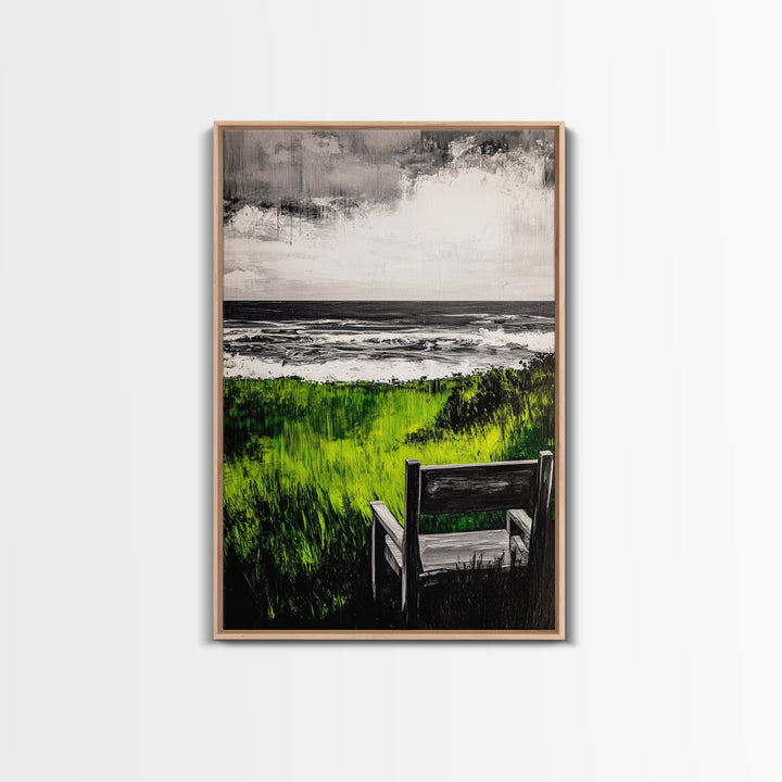 Beach View, Green Grass Landscape, Peaceful Coastal Decor, Seaside Retreat Art, Contemporary Wall Art, Framed Canvas Print