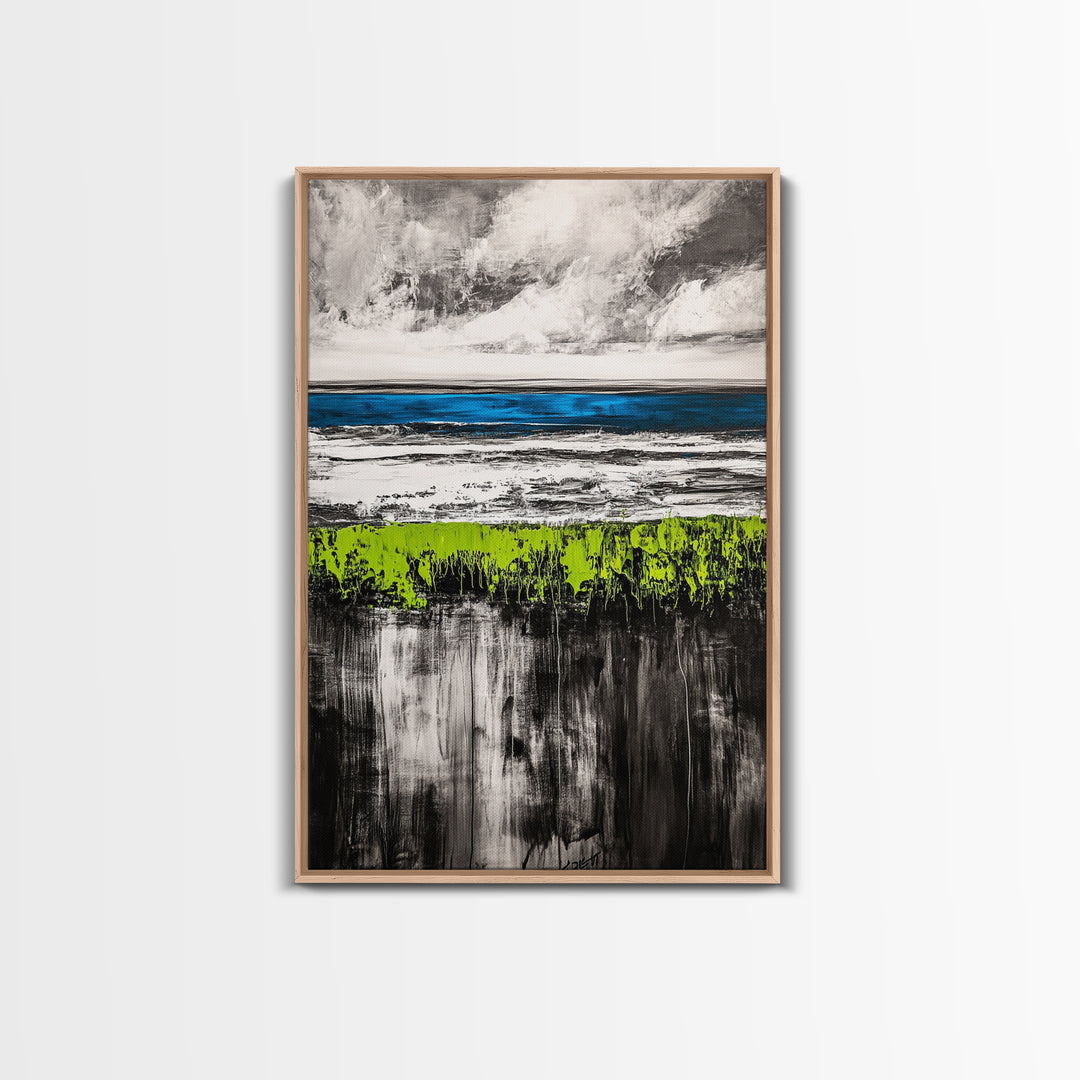 Coastal Horizon, Abstract Ocean, Framed Canvas Print, Beach Wall Art, Nautical Home Decor, Blue and White Art, Modern Living Room Art