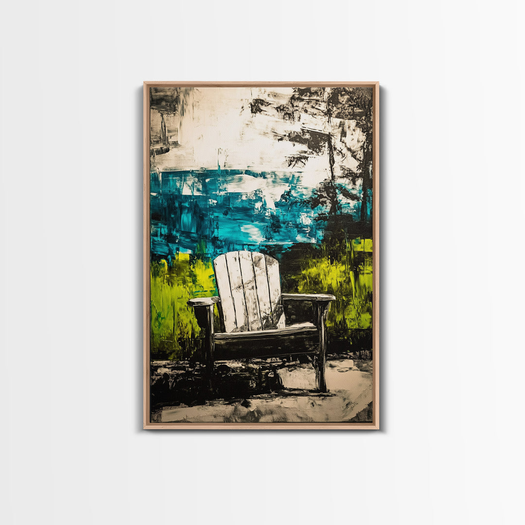 Adirondack Chair, Lakeside View, Framed Canvas Print, Rustic Cabin Decor, Nature Wall Art, Relaxing Retreat Art, Outdoor Artwork
