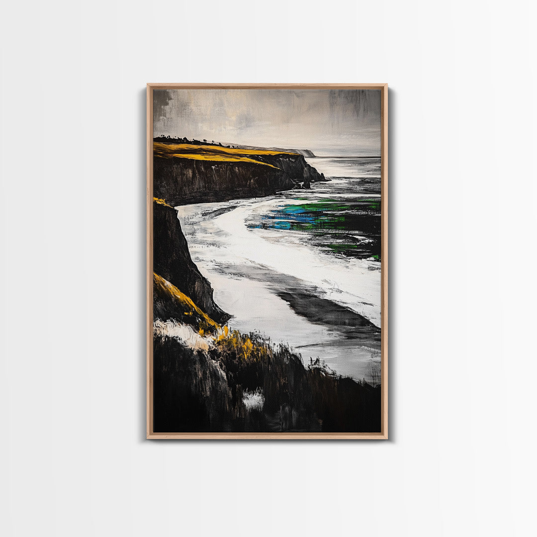 Coastal Cliffs, Ocean Waves, Beach Landscape, Nature Wall Art, Framed Canvas Print, Living Room Decor, Modern Seascape, Blue Tones