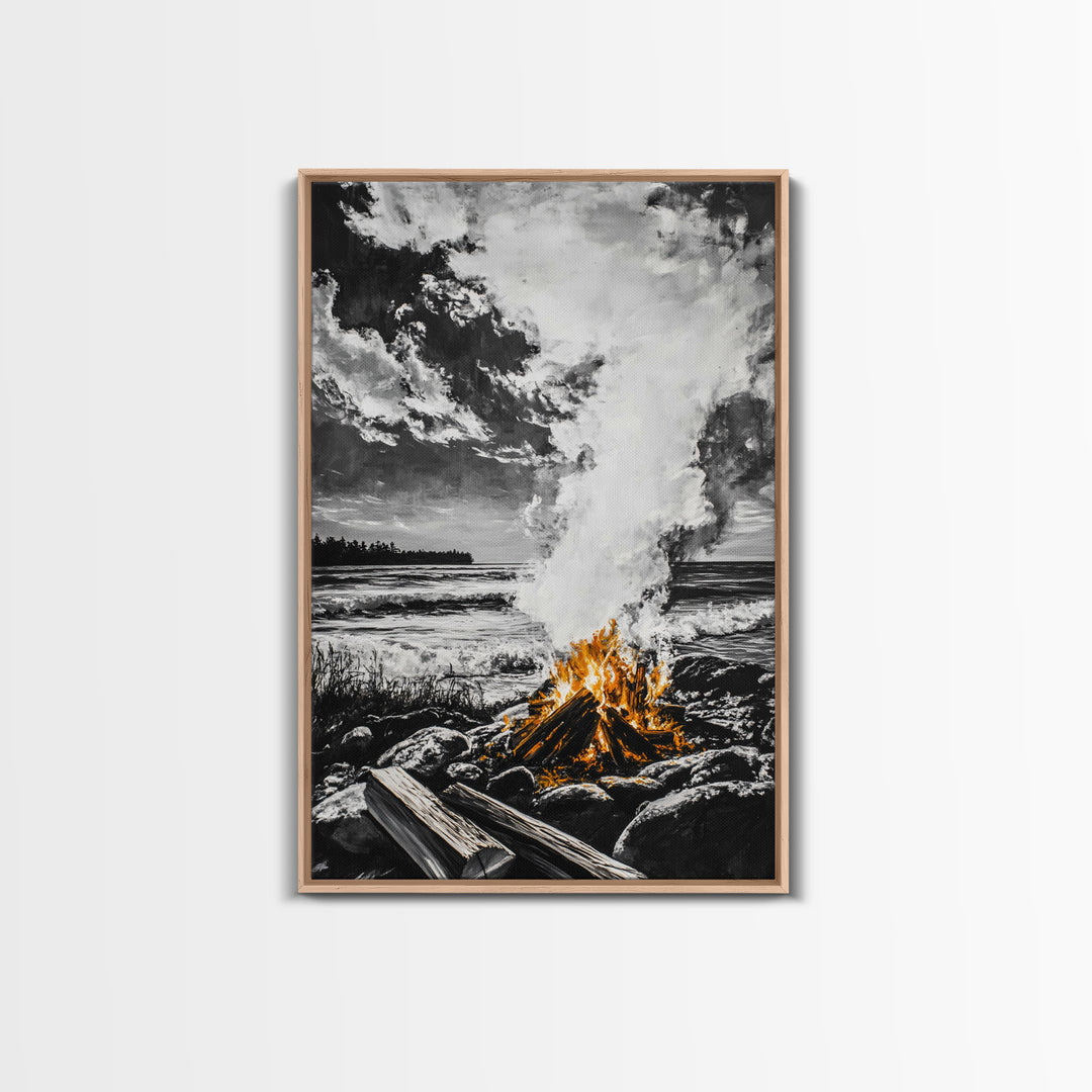Bonfire on Beach, Coastal Sunset, Framed Canvas Print, Fall Wall Art, Warm Glow Art, Ocean Inspired Decor, Rustic Firelight, Home Accent