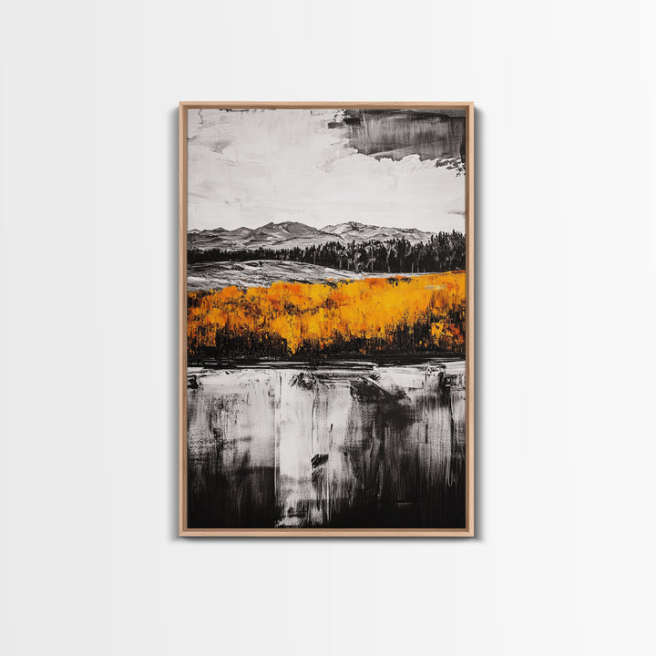 Autumn Mountain Scene, Yellow Trees Reflection, Black White Landscape, Rustic Cabin Art, Cozy Fall Wall Decor, Framed Canvas Print