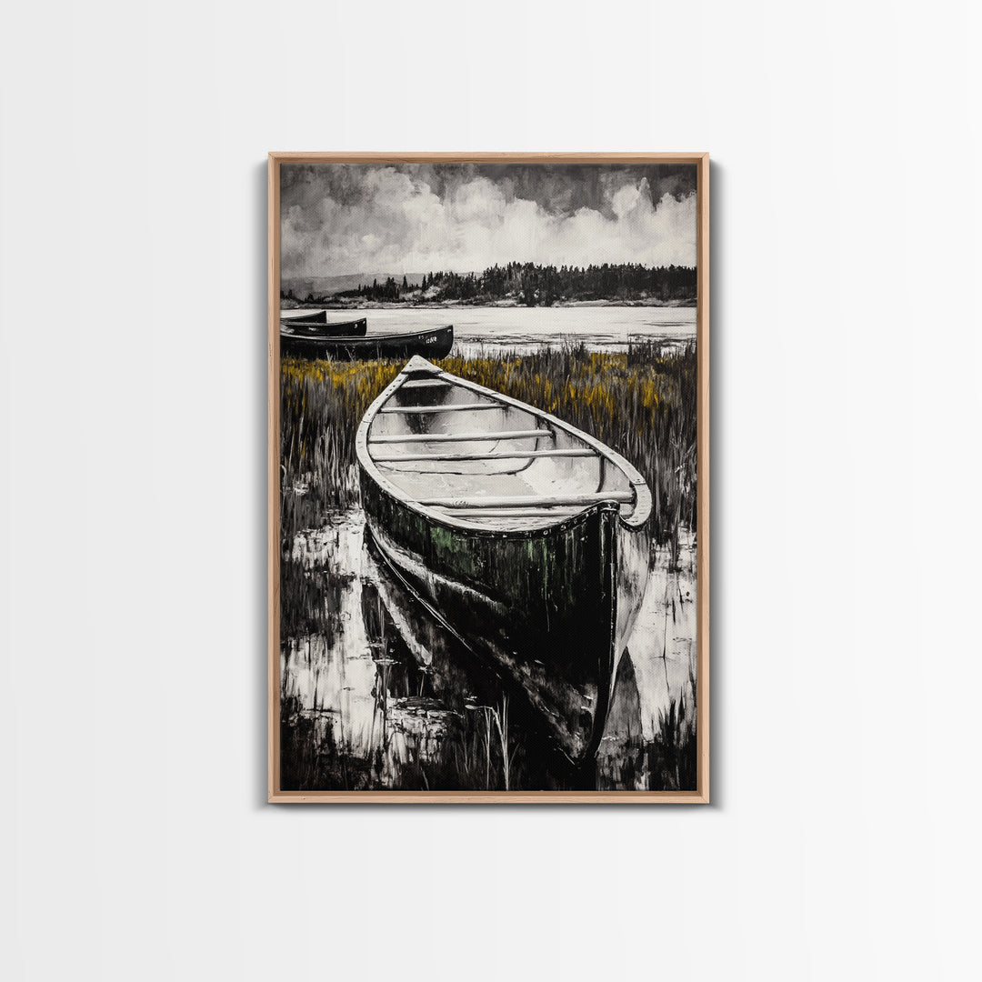 Canoe on Water, Lakeside Reflection, Framed Canvas Print, Nature Art, Cabin Wall Decor, Black and White Landscape, Serene Home Accent