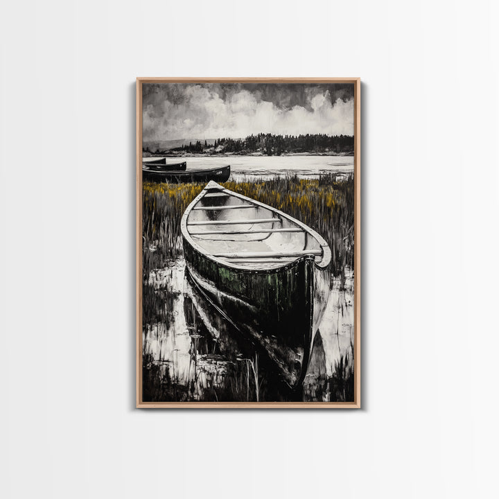 Canoe on Water, Lakeside Reflection, Framed Canvas Print, Nature Art, Cabin Wall Decor, Black and White Landscape, Serene Home Accent