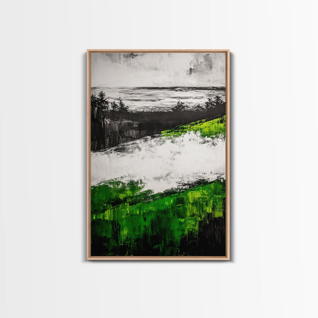 Coastal Cliffs, Ocean Landscape Art, Green Hills Painting, Nature Decor, Outdoor Wall Art, Minimalist Home Print, Framed Canvas Print