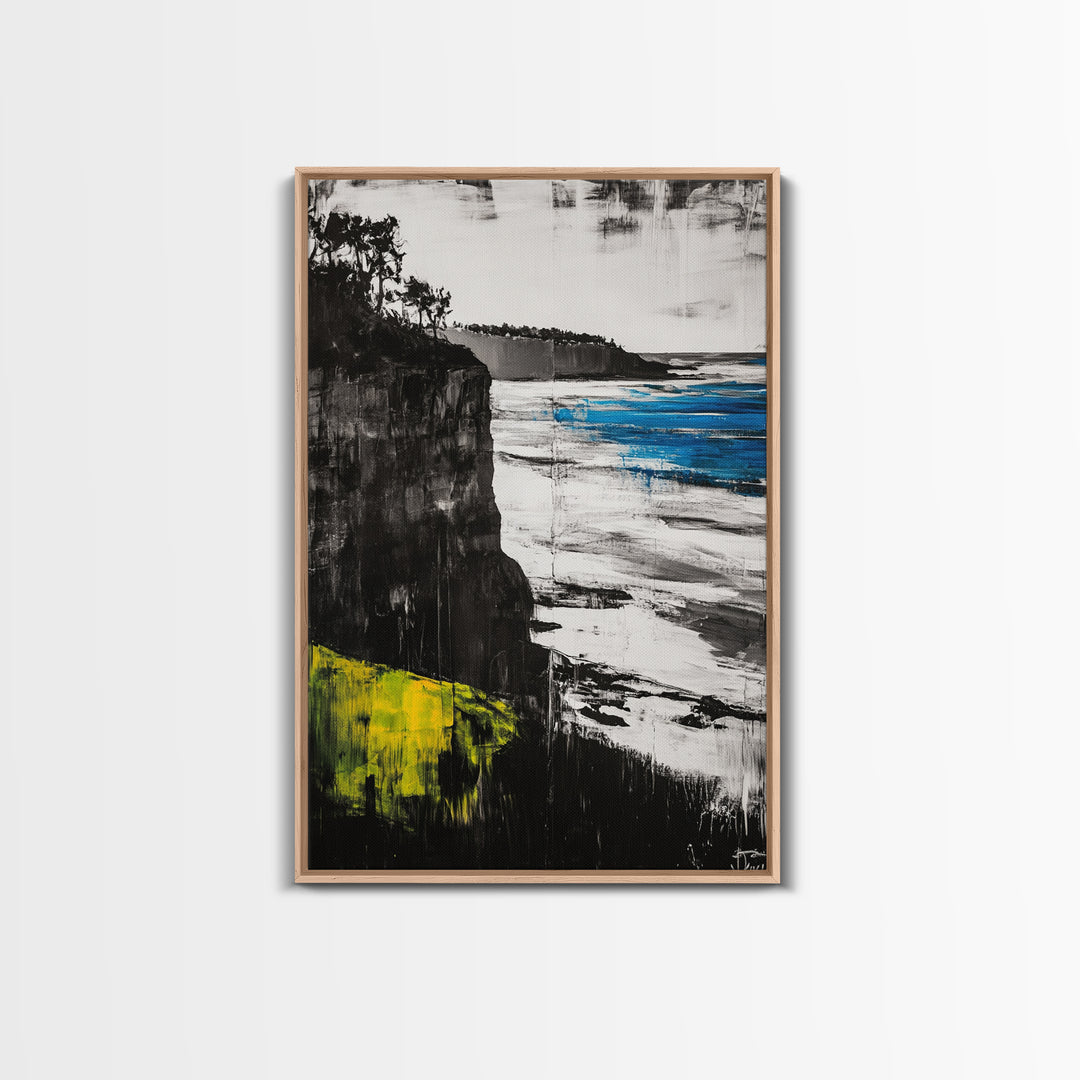 Cliffside View, Ocean Landscape, Modern Coastal Canvas Print, Beach House Wall Art, Black and White Decor, Contemporary Artwork