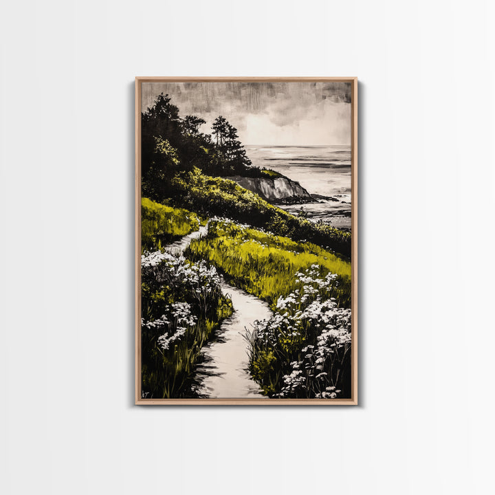 Pathway View, Coastal Nature Painting, Canvas Print, Scenic Landscape, Green and White Wall Art, Serene Home Decor, Boho Artwork