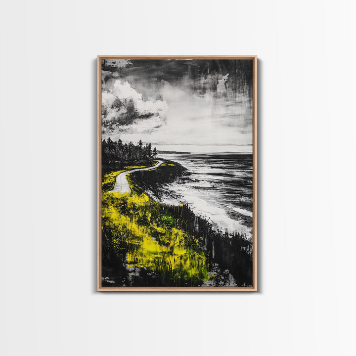 Coastal Road, Ocean View, Yellow Grass, Canvas Print, Scenic Landscape, Rustic Wall Art, Beach House Decor, Nature Painting