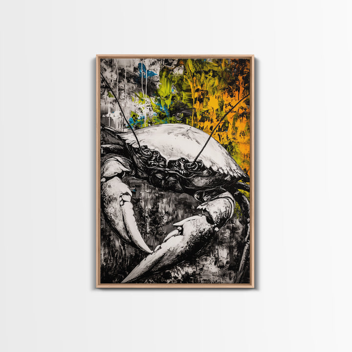 Crab Wall Art, Nautical Coastal Print, Monochrome Decor, Rustic Beach House Art, Marine Illustration, Kitchen Art, Framed Canvas Print