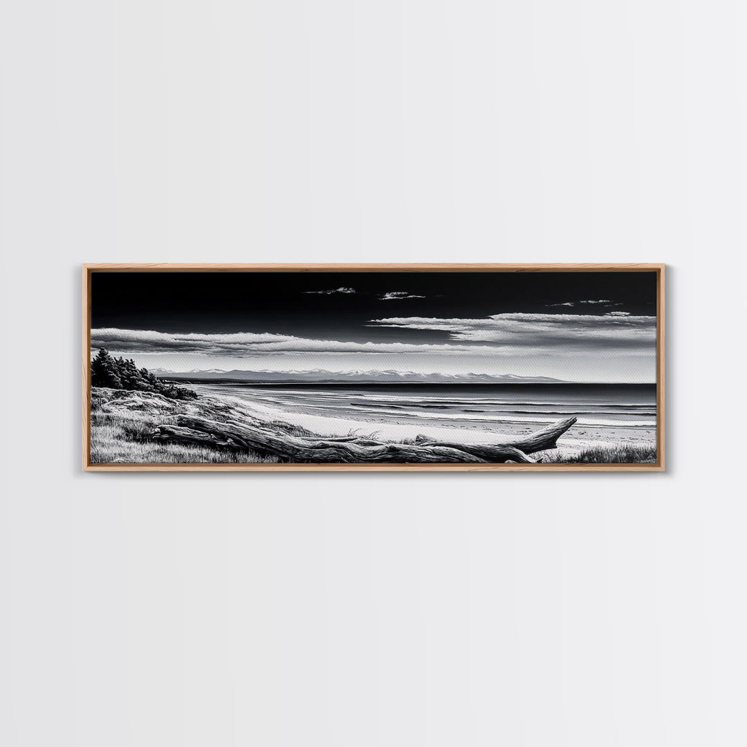 Black and White Beach, Coastal Wall Art, Modern Seascape, Minimalist Art, Monochrome Print, Framed Canvas Print, Bedroom Decor