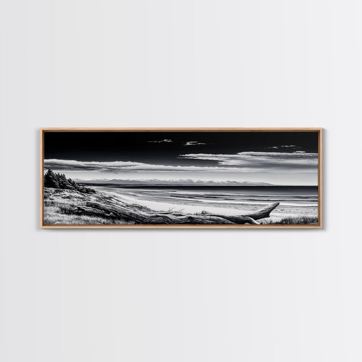 Black and White Beach, Coastal Wall Art, Modern Seascape, Minimalist Art, Monochrome Print, Framed Canvas Print, Bedroom Decor