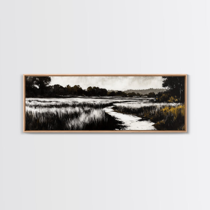 Black and White Marsh, Rustic Landscape, Moody Wall Art, Minimalist Nature Print, Framed Canvas Print, Bedroom Wall Decor