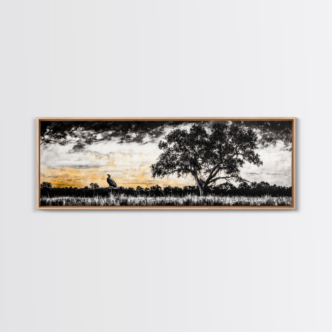 Lone Eagle and Tree, Dramatic Sunset Art, Wildlife Wall Decor, Rustic Nature Print, Framed Canvas Print, Office or Living Room Art