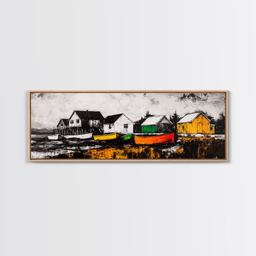 Coastal Village, Nautical Wall Art, Boat Painting, Framed Canvas Print, Beach House Decor, Seaside Landscape, Maritime Theme