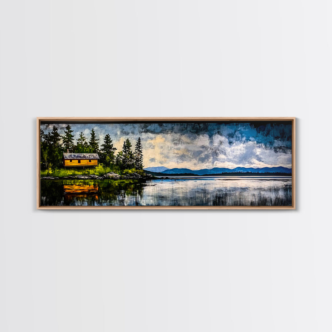 Cabin on the Lake, Peaceful Landscape, Nature Lover Art, Framed Canvas Print, Mountain View, Serene Wall Decor, Scenic Painting