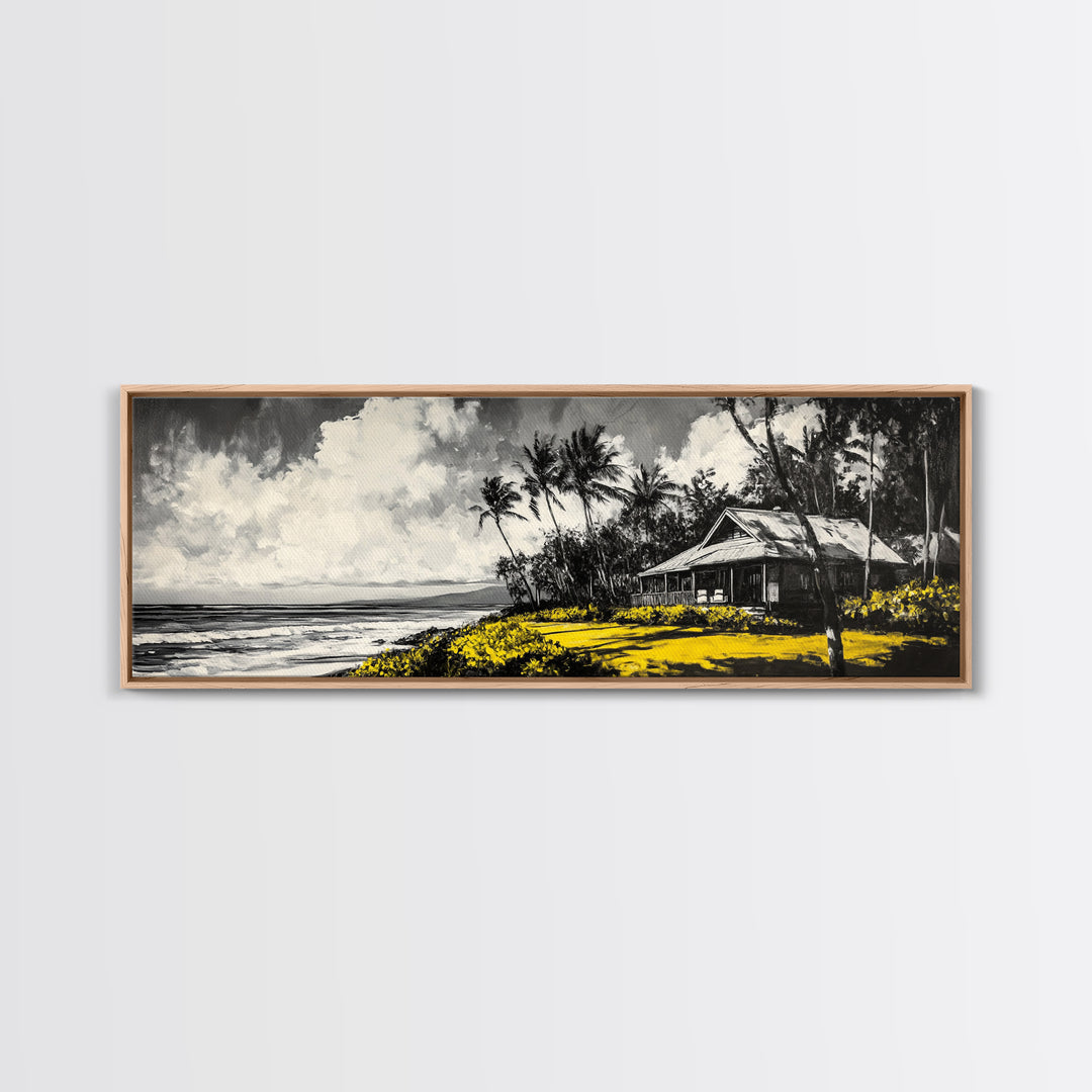 Tropical Beach House, Coastal Landscape Painting, Black and White Palm Tree Print, Island Wall Decor, Relaxing Canvas Print, Framed Canvas Print