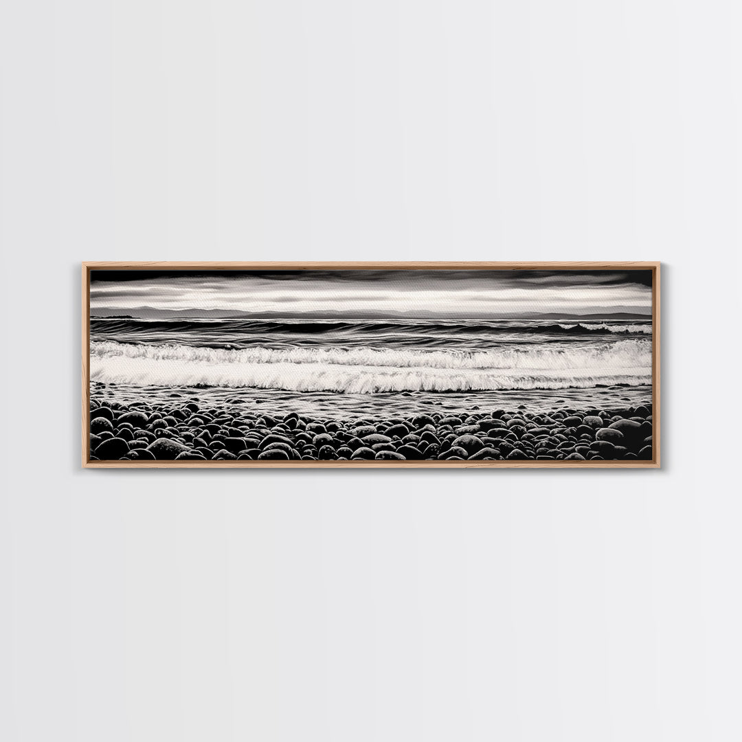 Black and White, Pebble Beach, Monochrome Ocean Art, Coastal Canvas Print, Minimalist Wall Art, Living Room Decor, Framed Canvas Print