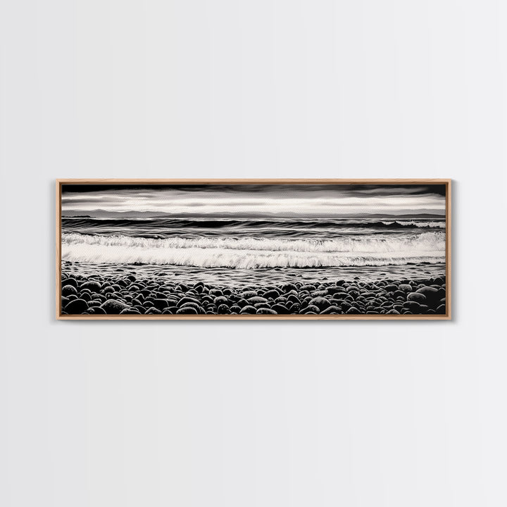 Black and White, Pebble Beach, Monochrome Ocean Art, Coastal Canvas Print, Minimalist Wall Art, Living Room Decor, Framed Canvas Print