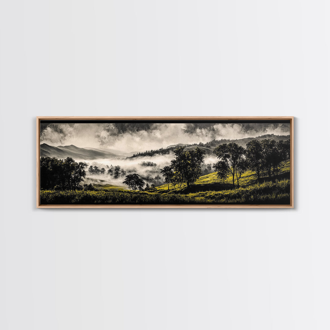 Rolling Hills, Misty Landscape, Moody Mountain Art, Nature Inspired Decor, Framed Canvas Print, Living Room Wall Art, Dramatic Foggy Scene