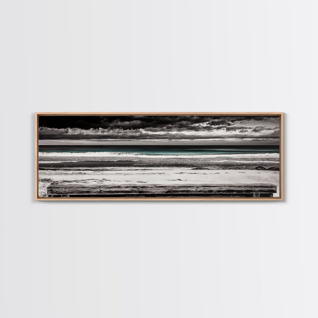 Ocean Bench, Beach Serenity, Black and White Seascape, Minimalist Art, Framed Canvas Print, Calm Coastal, Meditation Space