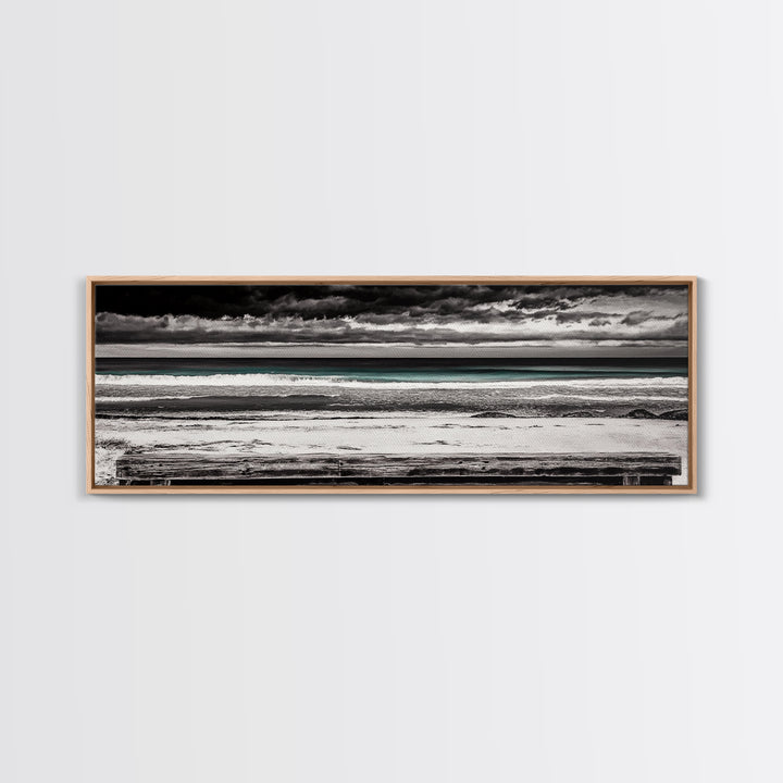 Ocean Bench, Beach Serenity, Black and White Seascape, Minimalist Art, Framed Canvas Print, Calm Coastal, Meditation Space