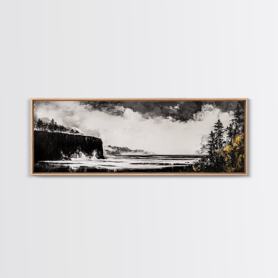 Cliffside Ocean, Dramatic Seascape, Moody Coast, Monochrome, Framed Canvas Print, Coastal Wall Art, Nautical Decor, Large Wall Art