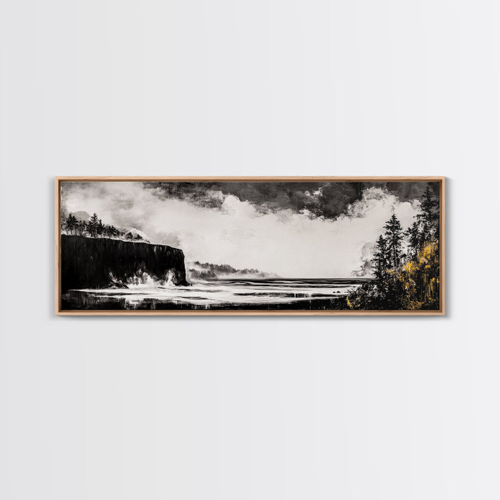 Cliffside Ocean, Dramatic Seascape, Moody Coast, Monochrome, Framed Canvas Print, Coastal Wall Art, Nautical Decor, Large Wall Art