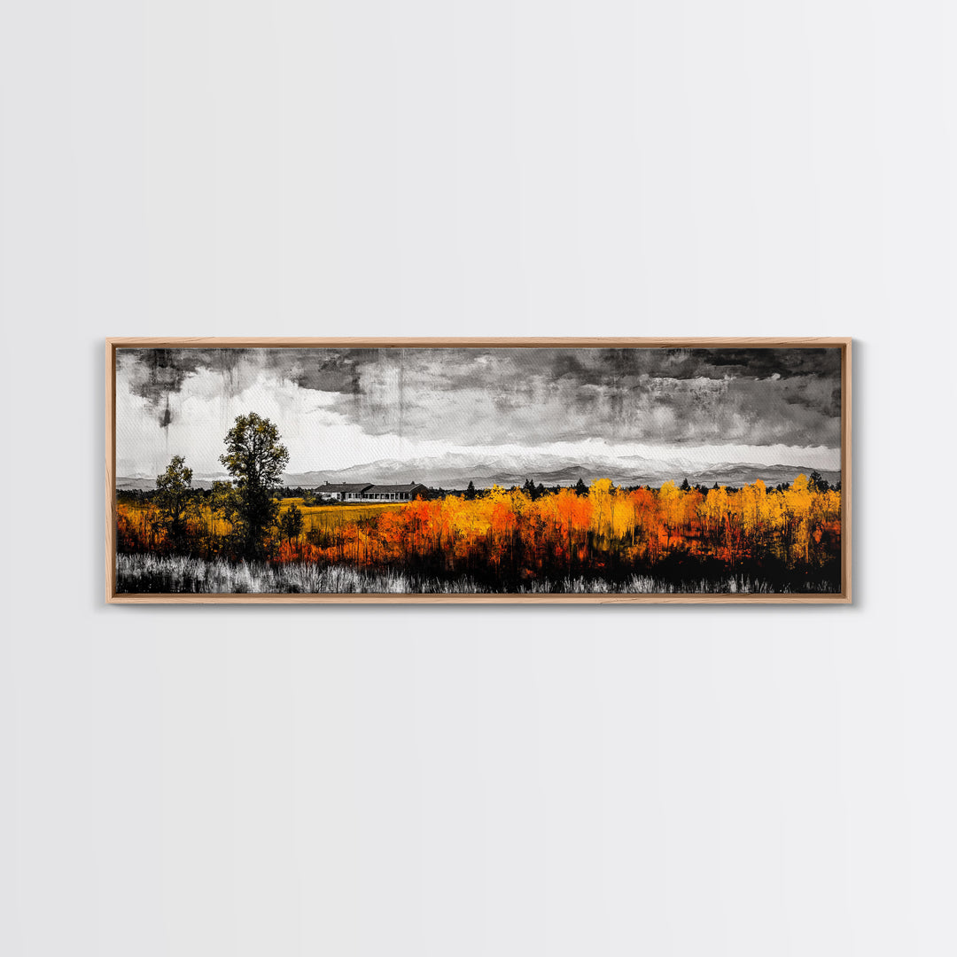 Autumn Landscape, Rustic Cabin Art, Mountain View, Fall Trees, Country Home, Black and White, Living Room Decor, Framed Canvas Print
