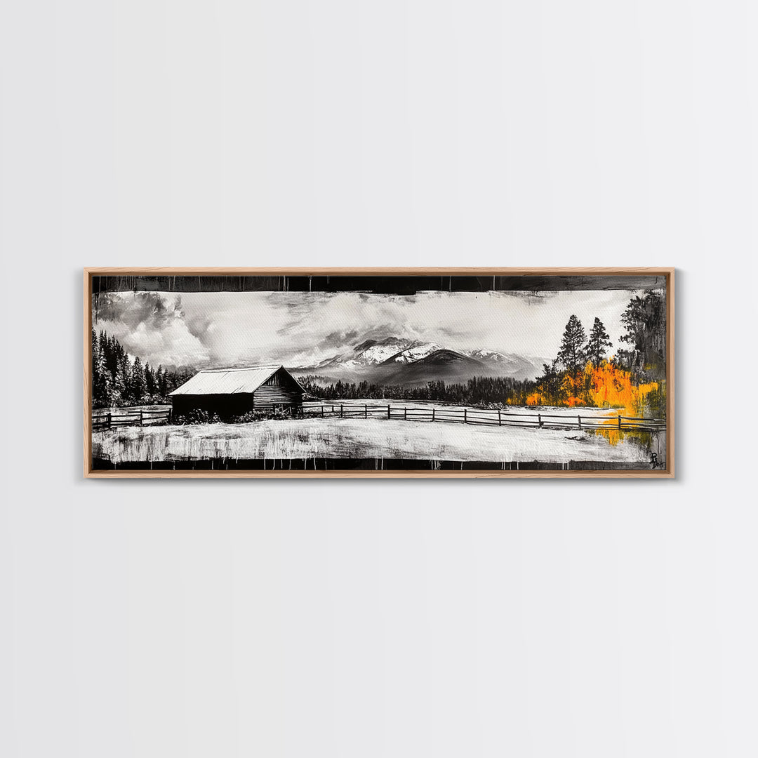 Cabin in Mountains, Rustic Winter Scene, Black and White Art, Fall Forest Accent, Cozy Lodge, Living Room Decor, Framed Canvas Print