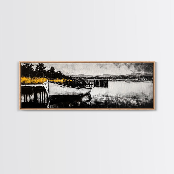 Rustic Boat, Black and White, Nautical Wall Art, Coastal Home Decor, Lake House Art, Large Wall Art, Framed Canvas Print, Living Room Art