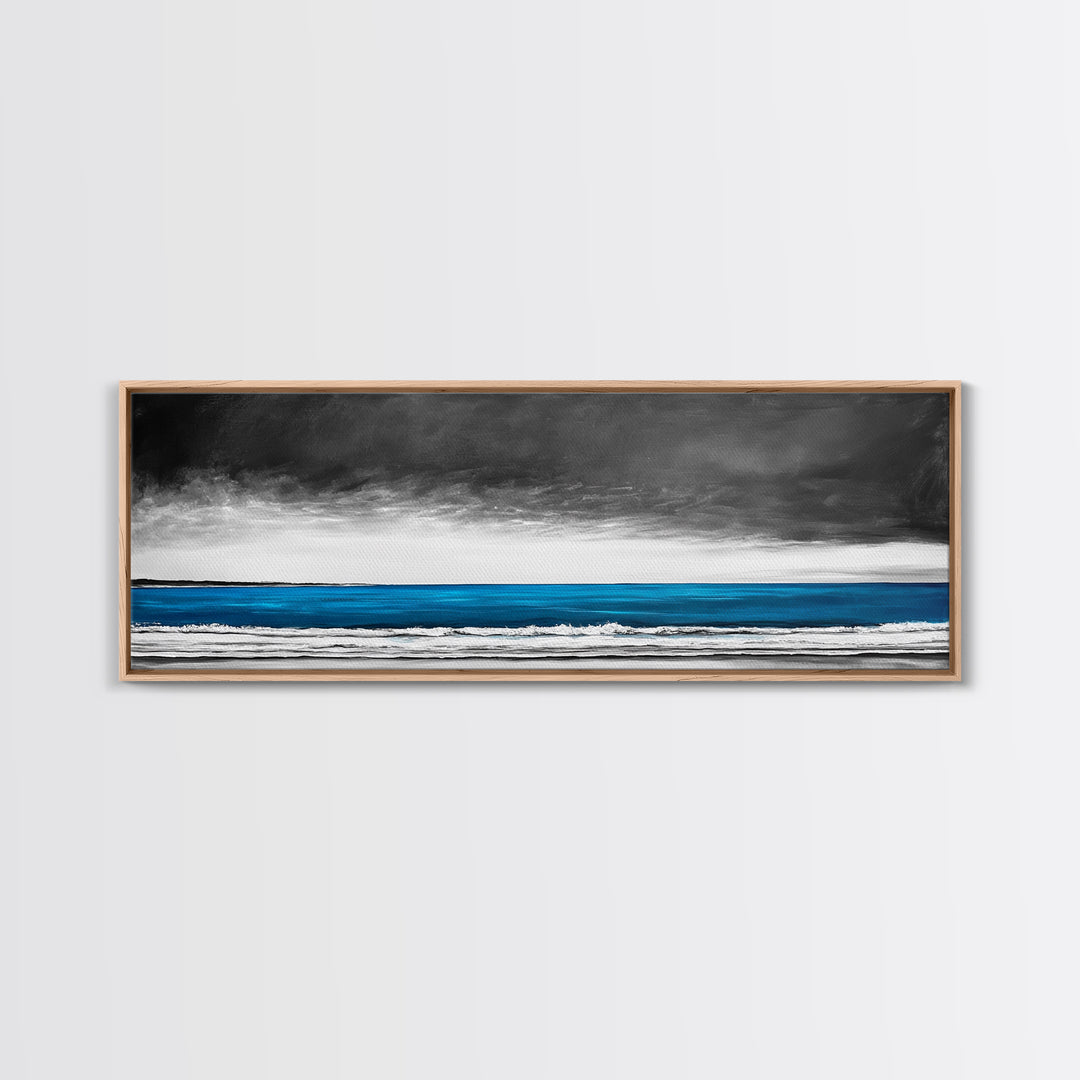 Blue Ocean, Moody Seascape, Coastal Wall Art, Minimalist Beach Scene, Black and White Decor, Framed Canvas Print, Bathroom Wall Art