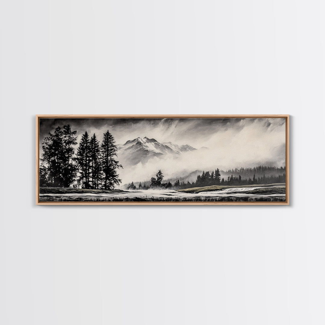 Mountain, Misty Landscape, Black and White, Forest, Framed Canvas Print, Large Wall Art, Minimalist Art, Modern Home Decor, Bedroom Wall Art