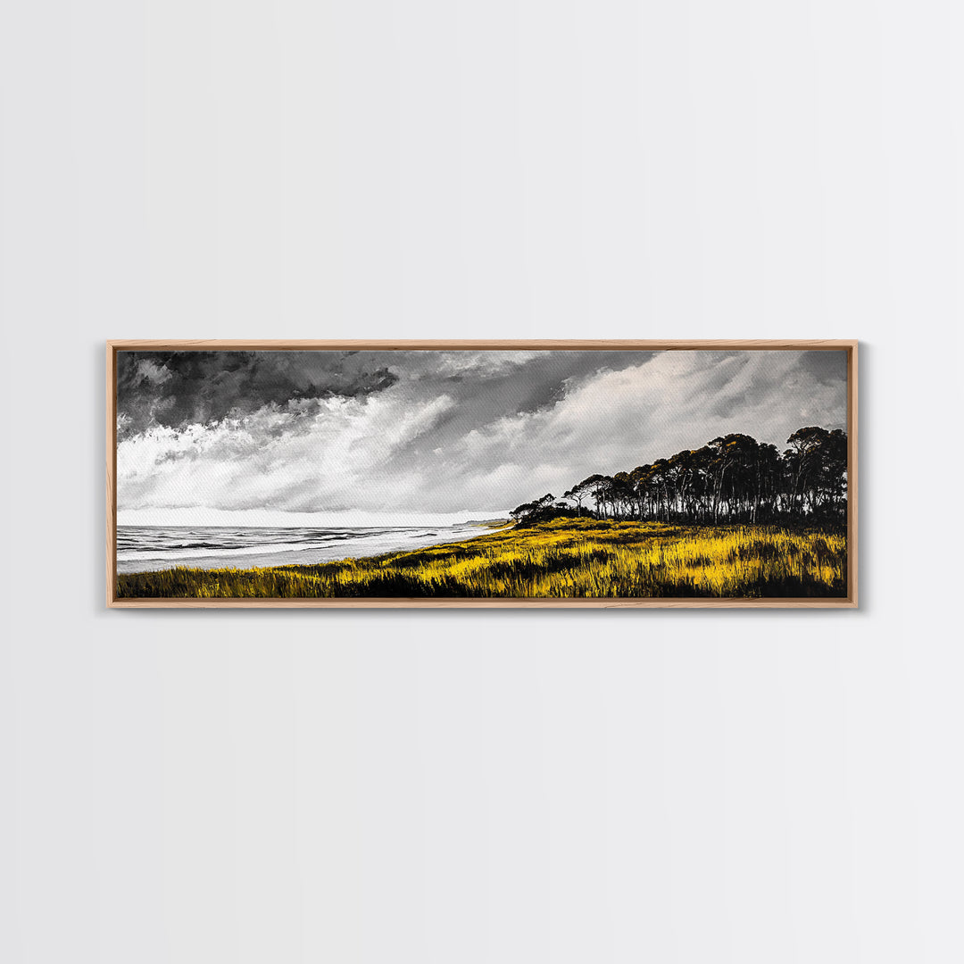 Coastal Serenity, Yellow Field, Stormy Sky, Canvas Print, Ocean Landscape, Beach House Art, Modern Nature Painting, Living Room Wall Decor
