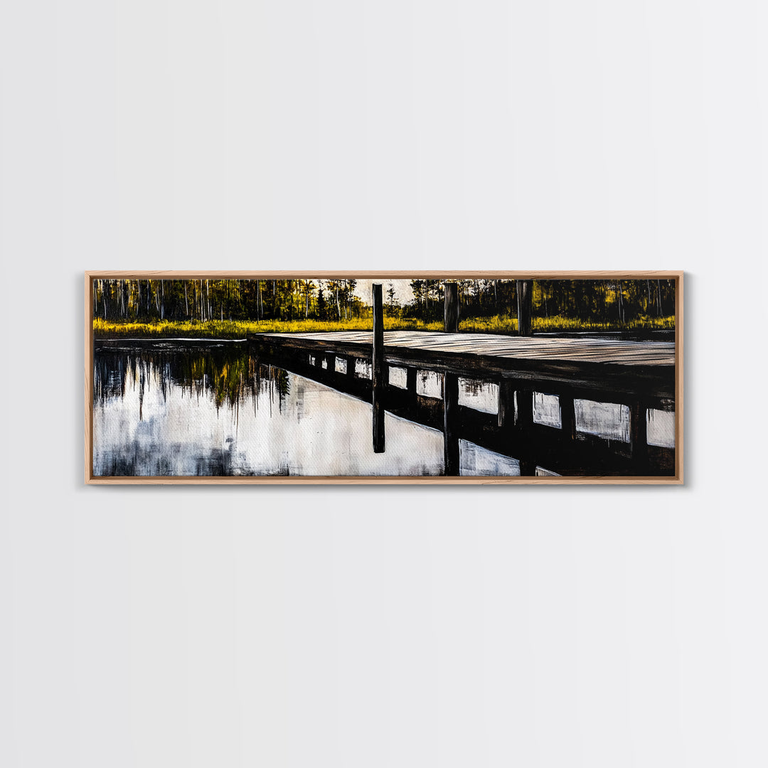 Lakeside Dock, Reflection Art, Serene Water, Framed Canvas Print, Tranquil Nature Scene, Rustic Cabin Decor, Woodland Wall Art, Large Art