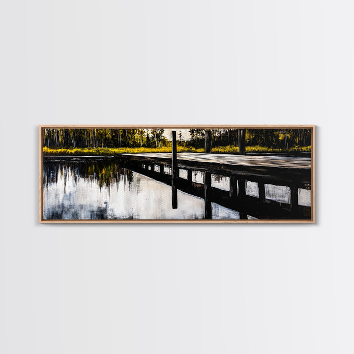 Lakeside Dock, Reflection Art, Serene Water, Framed Canvas Print, Tranquil Nature Scene, Rustic Cabin Decor, Woodland Wall Art, Large Art