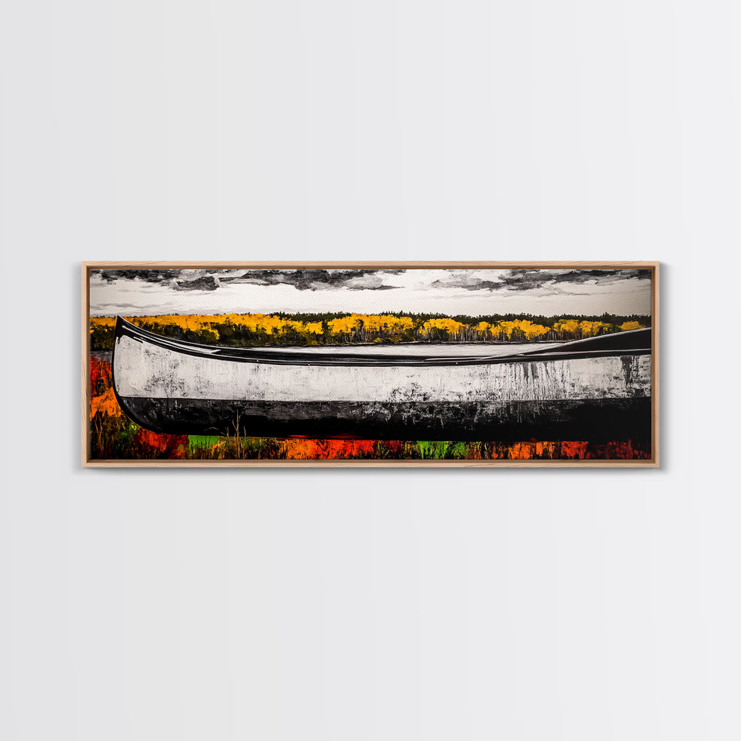 Autumn Canoe, Rustic Lake Art, Nature Wall Decor, Canvas Print, Fall Landscape Painting, Outdoor Adventure Art, Cabin Wall Art, Canoe Artwork