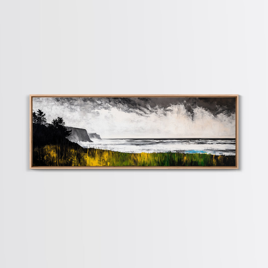 Cliffside View, Misty Ocean, Yellow Grass, Canvas Print, Coastal Landscape, Fall Wall Art, Nature Painting, Living Room Home Decor
