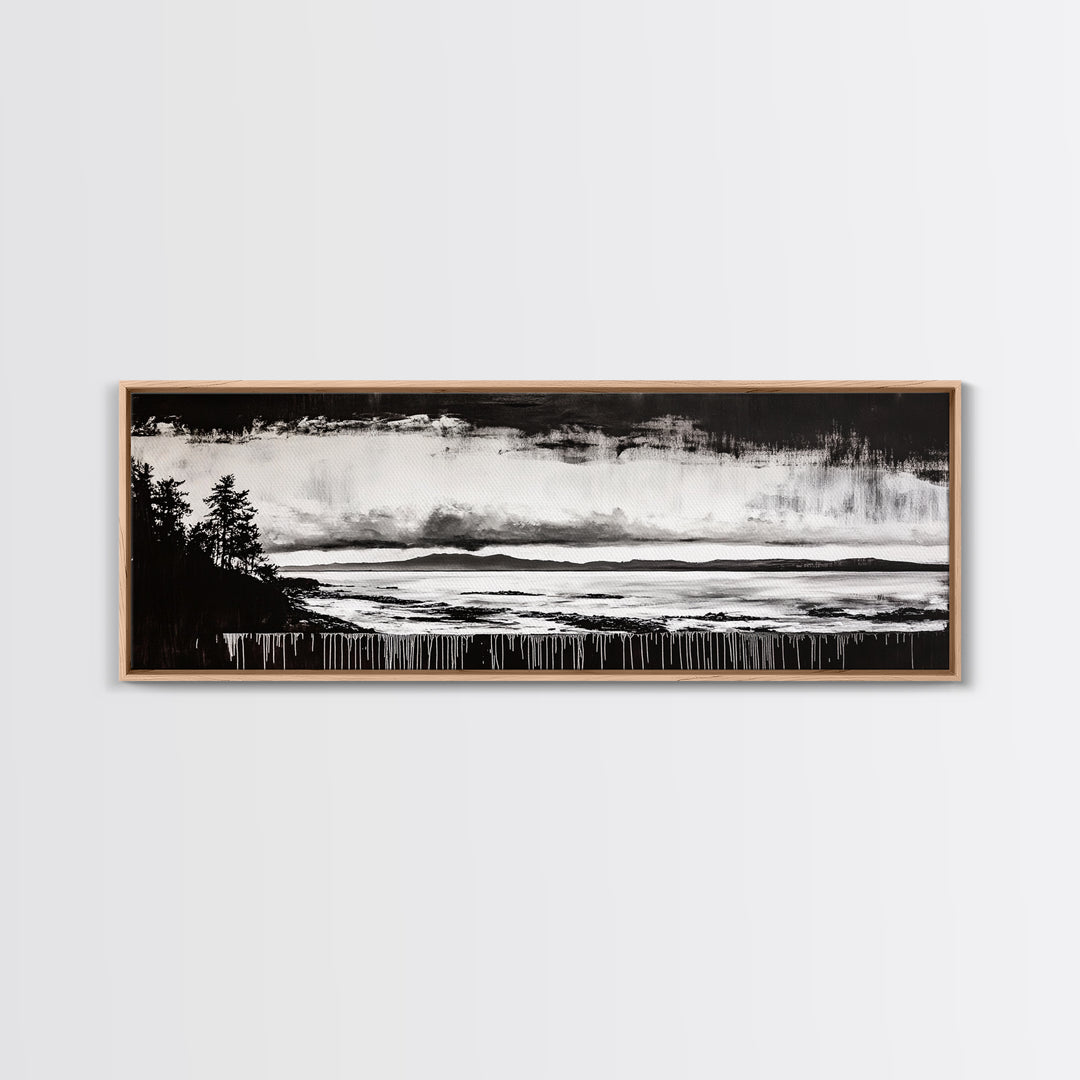 Black White Seascape, Ocean Storm, Dramatic Sky, Framed Canvas Print, Minimalist Art, Coastal Wall Decor, Office Accent, Nautical Home Art