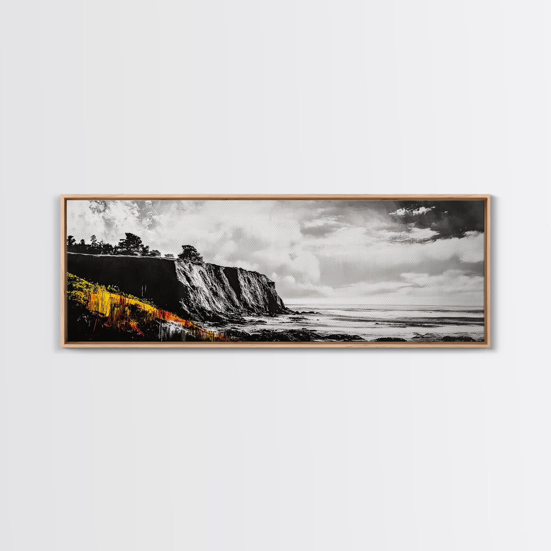Coastal Cliff Painting, Black and White Seascape, Ocean View Artwork, Modern Nautical Decor, Beach House Wall Art, Framed Canvas Print